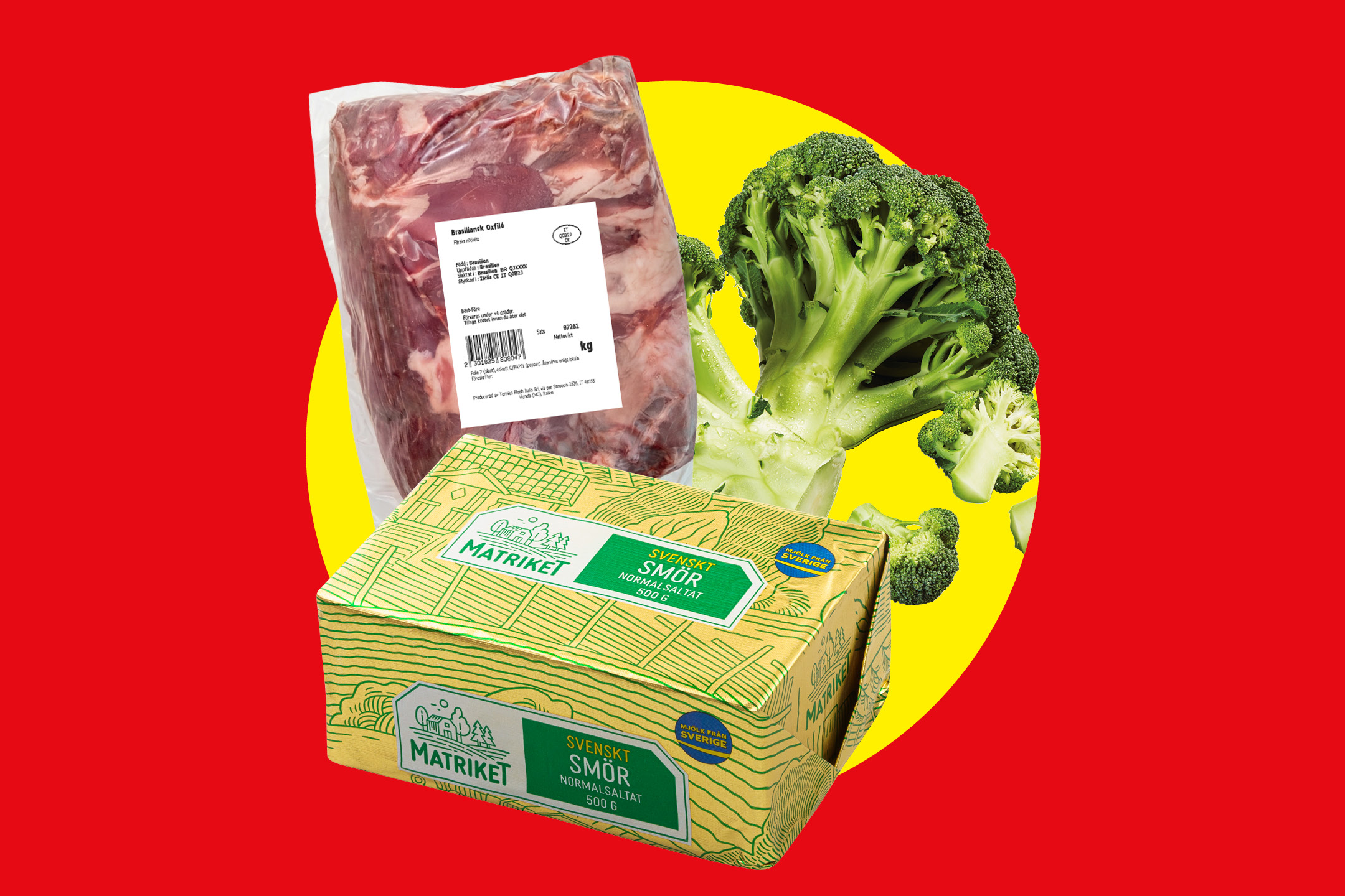 Förpackat kött, broccoli och smörpaket på gul och röd bakgrund.