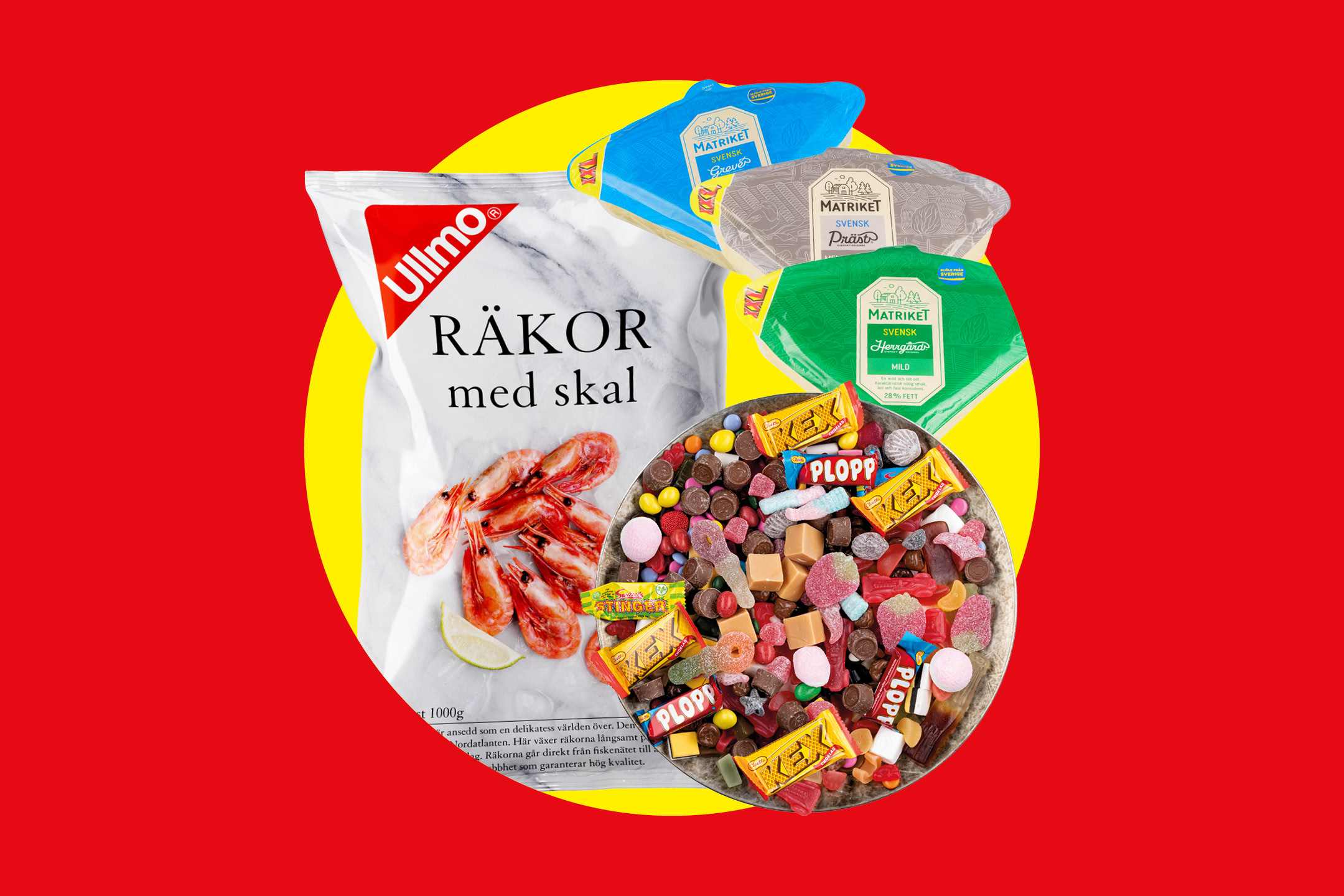 En påse räkor, tre ostar och en skål med godis på en röd och gul bakgrund.