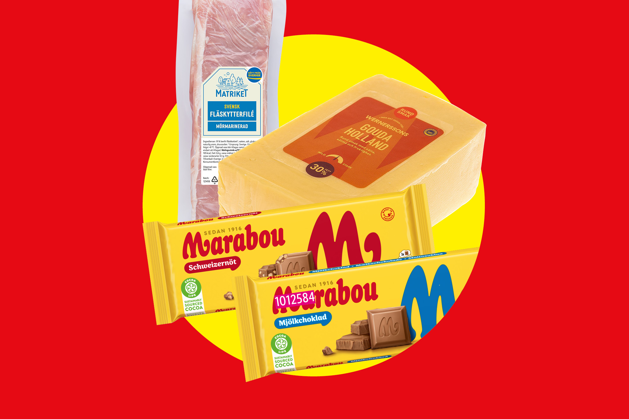 En förpackning fläskytterfilé, en ost och två chokladkakor på en röd och gul bakgrund.