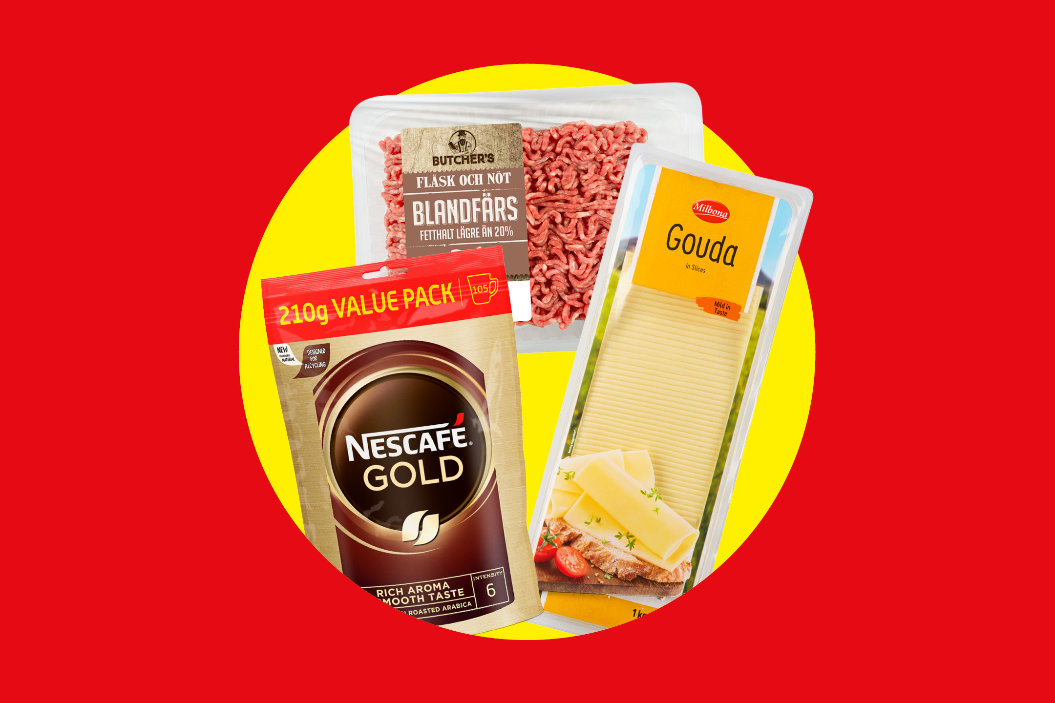 Förpackningar med blandfärs, kaffe och skivad Goudaost på en röd och gul bakgrund.