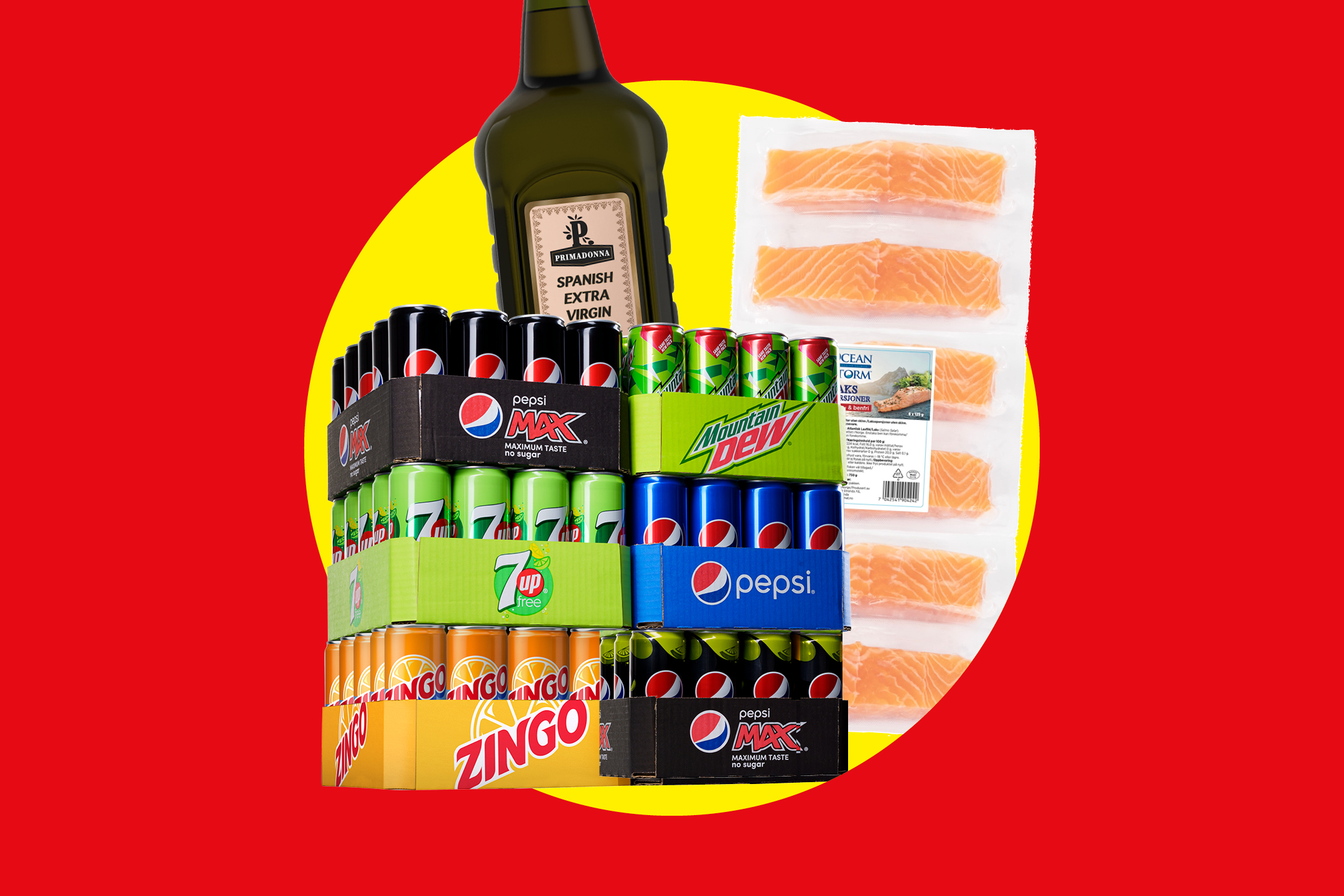 En samling läsk, olivolja och laxfiléer mot en röd och gul bakgrund.