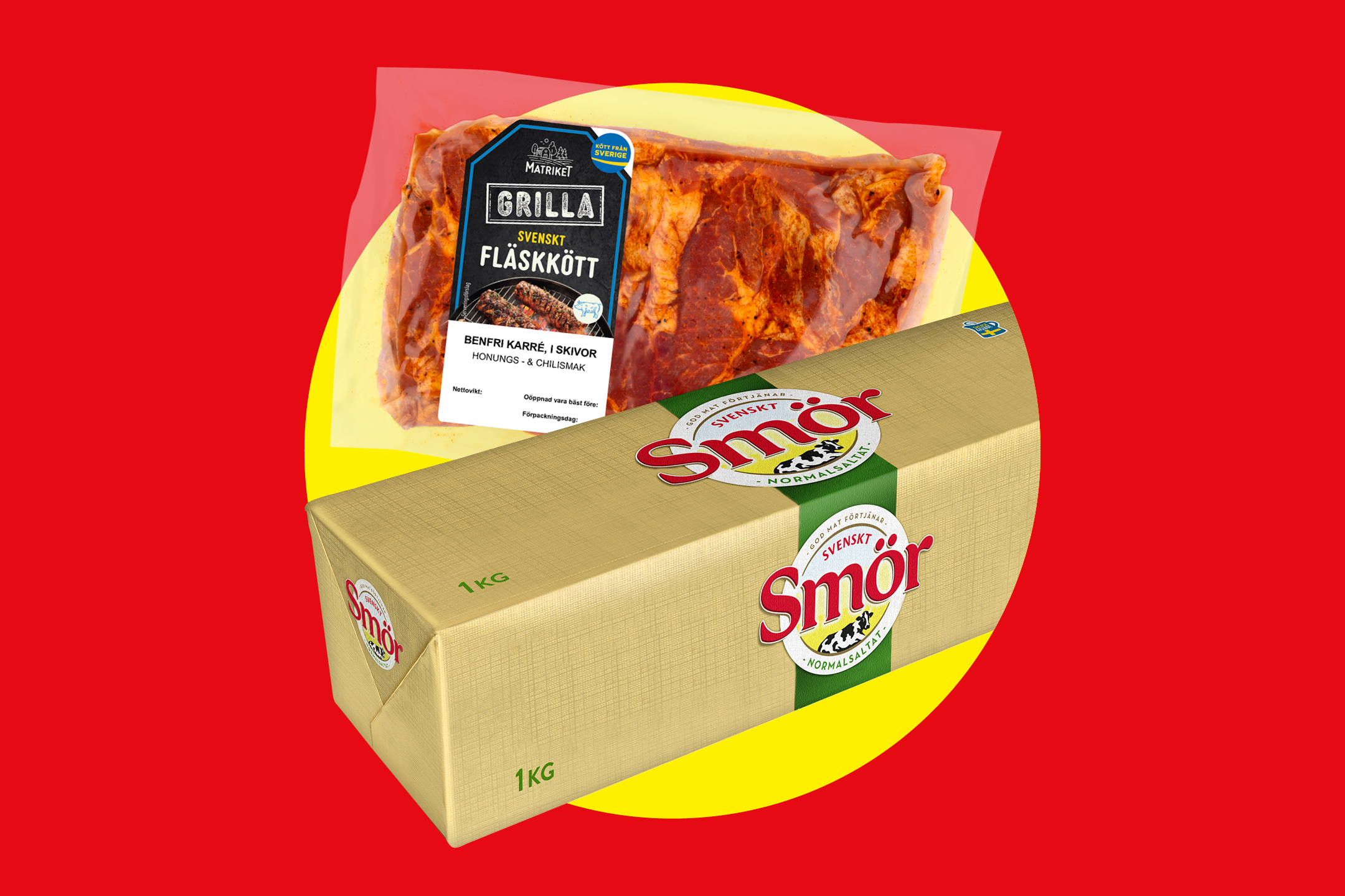 Förpackning med svenskt fläskkött för grillning och ett paket smör.