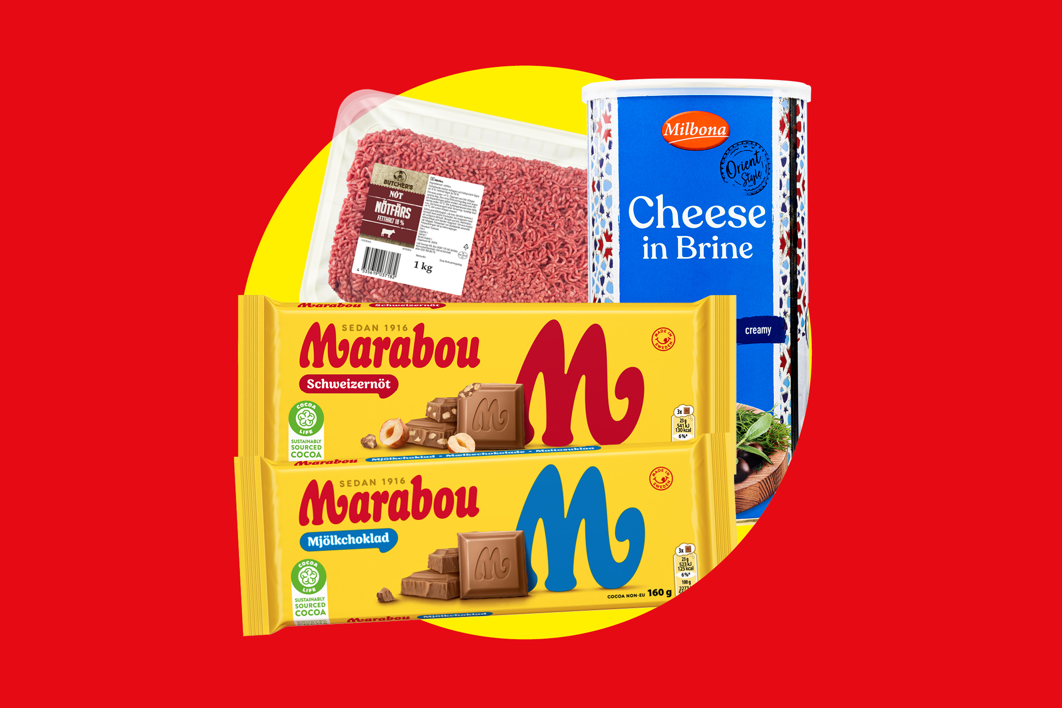 En förpackning nötfärs, en burk ost i saltlake och två chokladkakor.