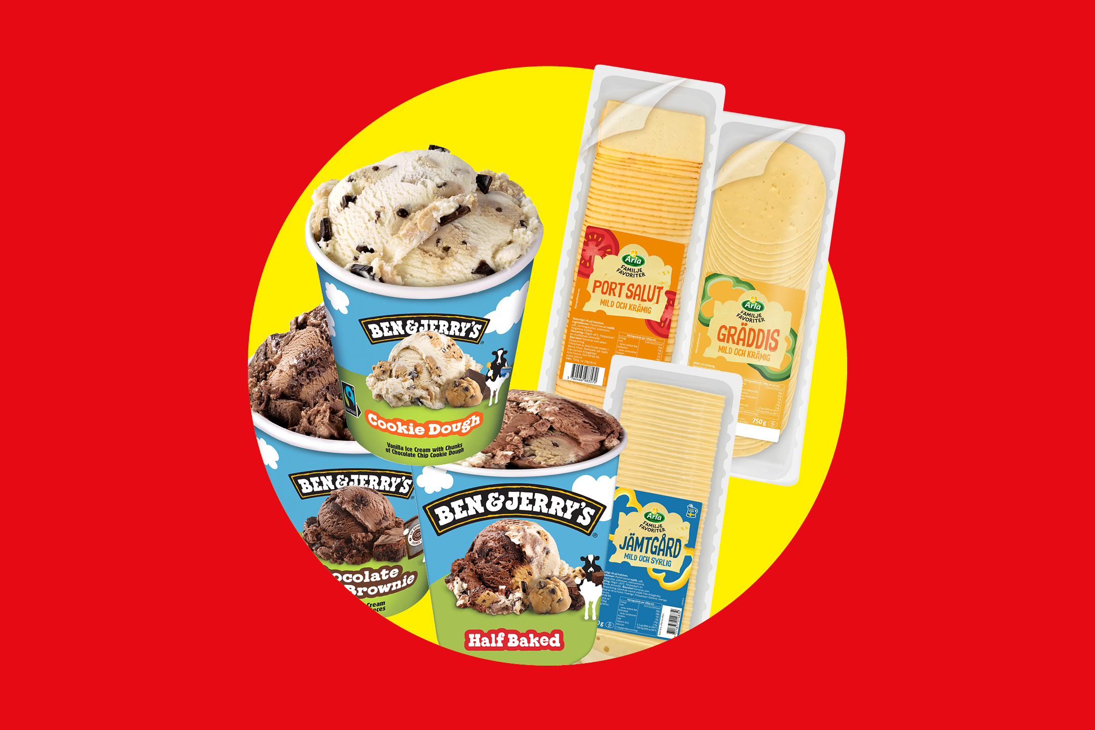 Glass och skivad ost på en röd och gul bakgrund.