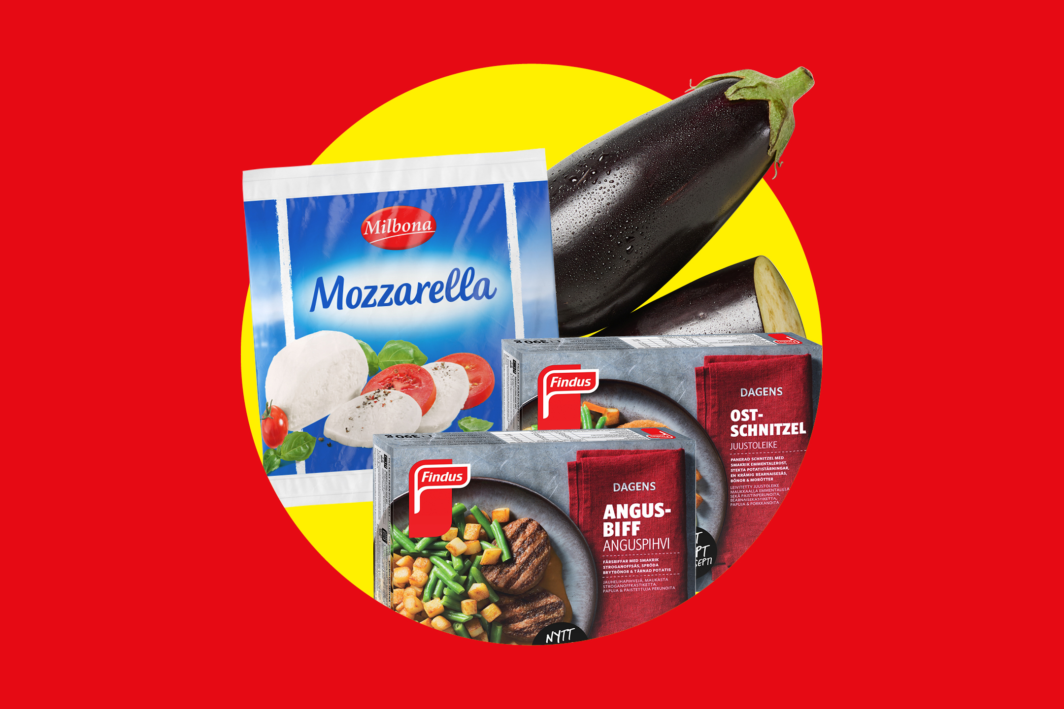 Mozzarella, aubergine och färdigrätter med Angusbiff och ostschnitzel.