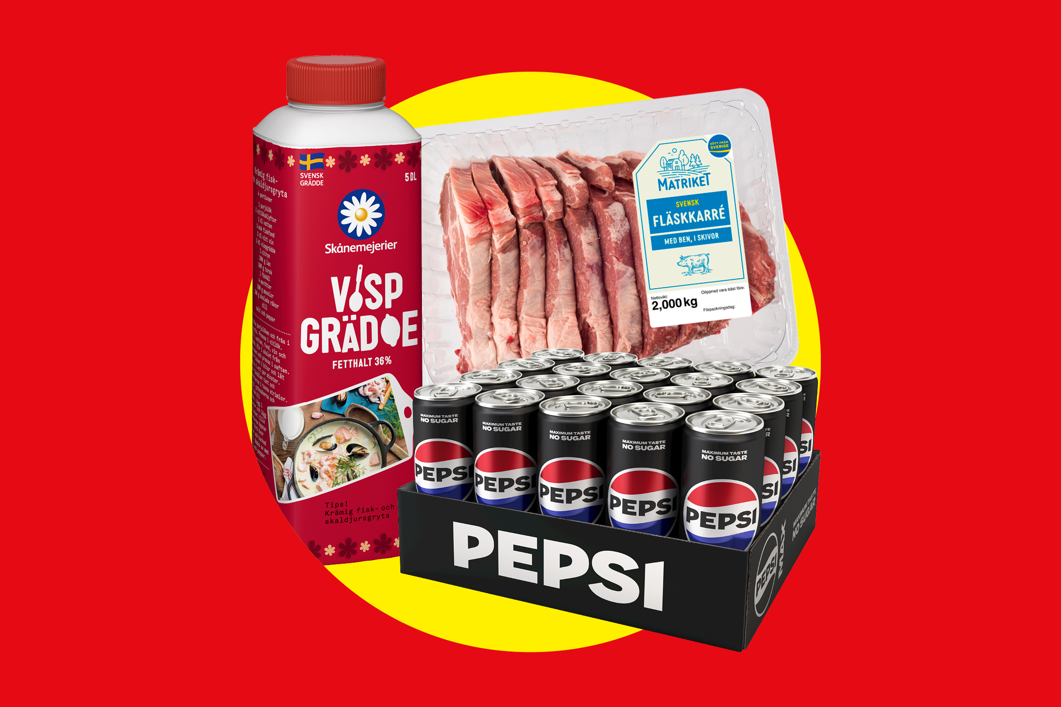 En förpackning fläskkarré, en flaska vispgrädde och ett flak med sockerfri läsk.