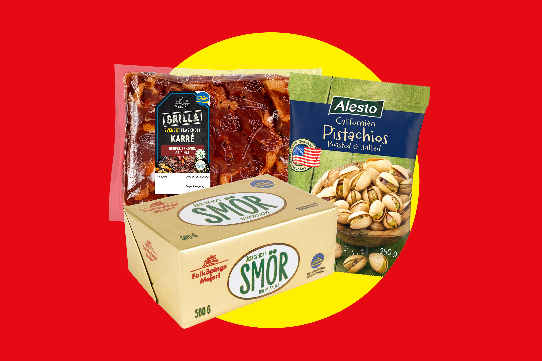 En förpackning fläskkött, ett paket smör och en påse pistagenötter.