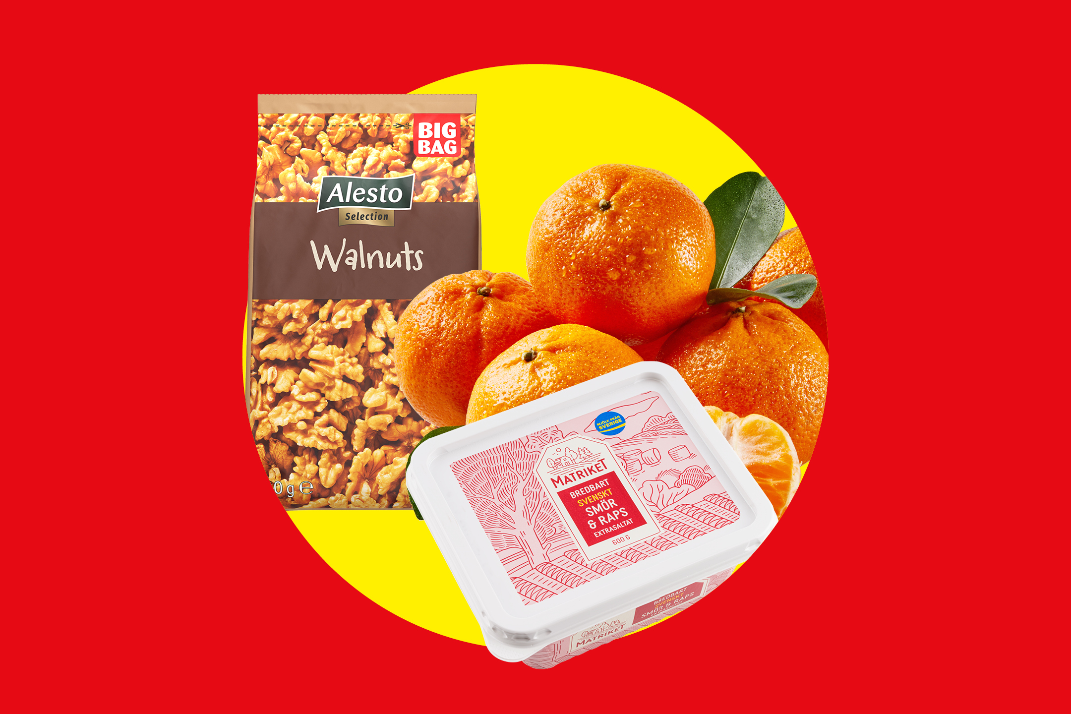 En påse valnötter, mandariner och ett paket smör på en röd och gul bakgrund.