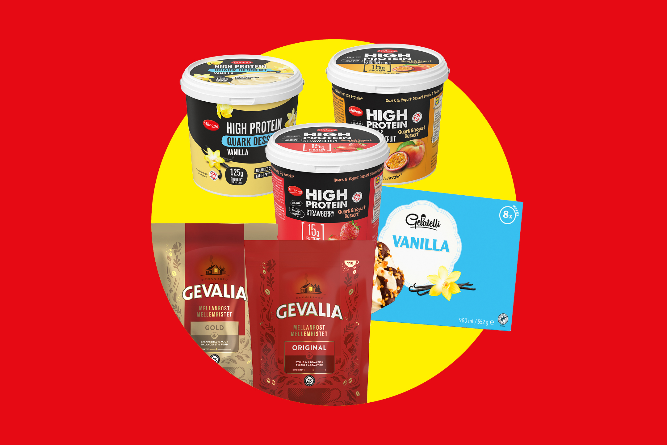 Olika högprotein kvarg- och yoghurtdesserter, kaffe och vaniljglass.
