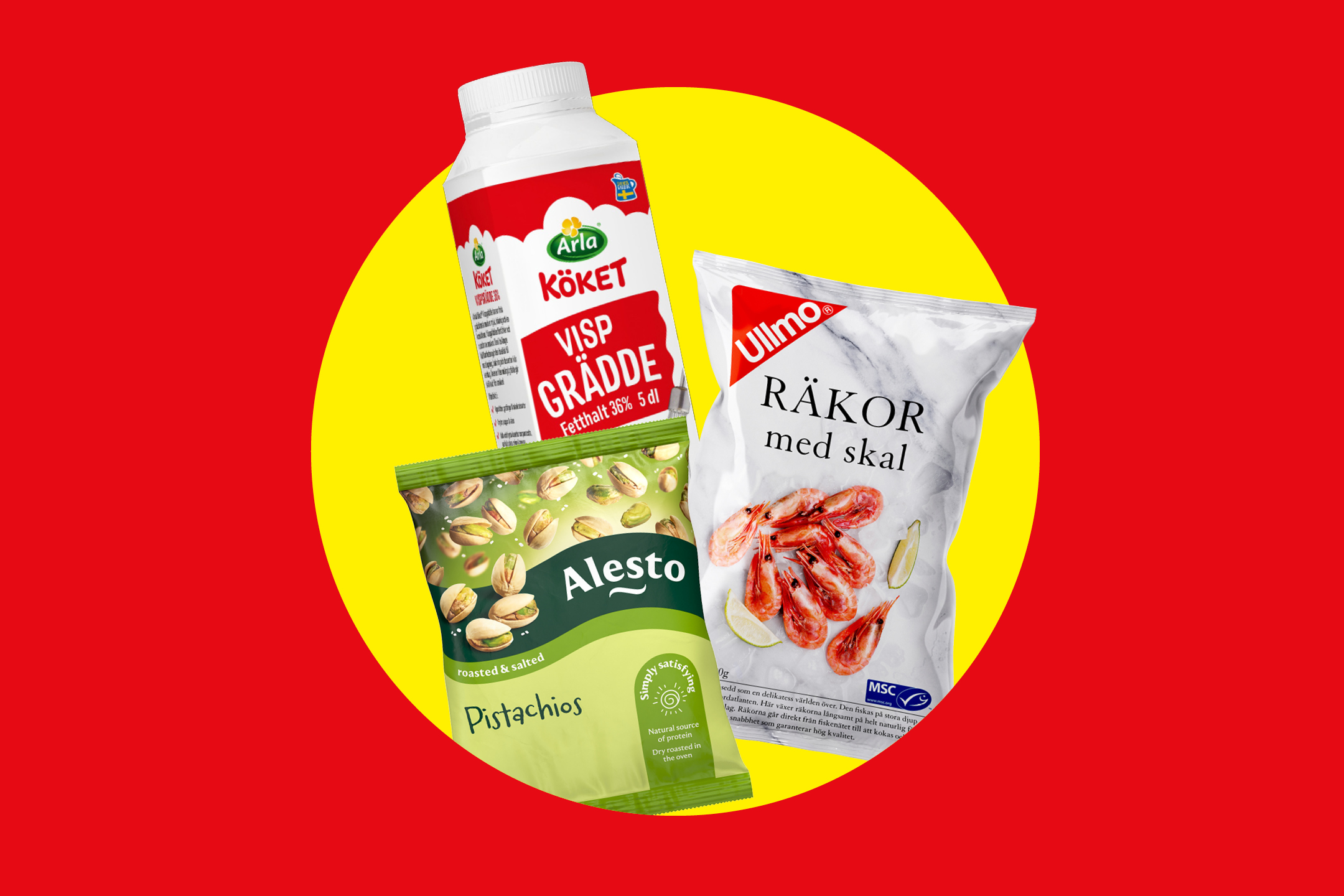 Vispgrädde, pistagenötter och räkor med skal på en röd och gul bakgrund.