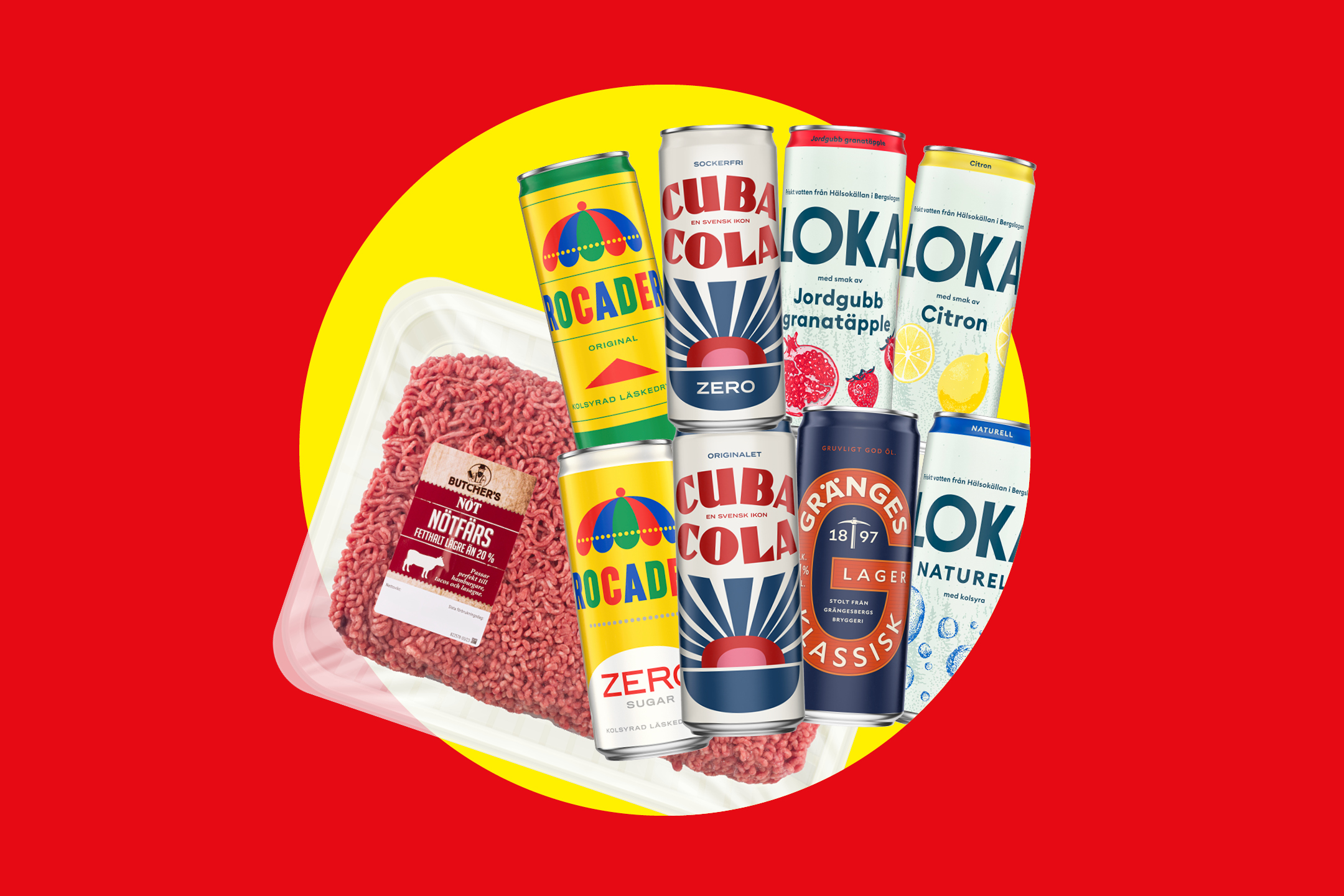 En förpackning nötfärs och flera burkar med läsk och öl, inklusive cola, fruktsoda och lager.
