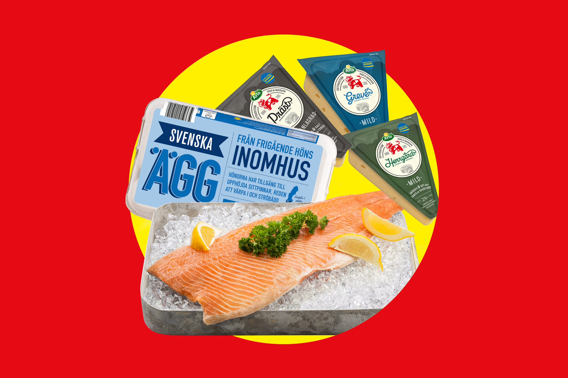 En laxfilé på is med citron och persilja, omgiven av förpackningar med ost och ägg.