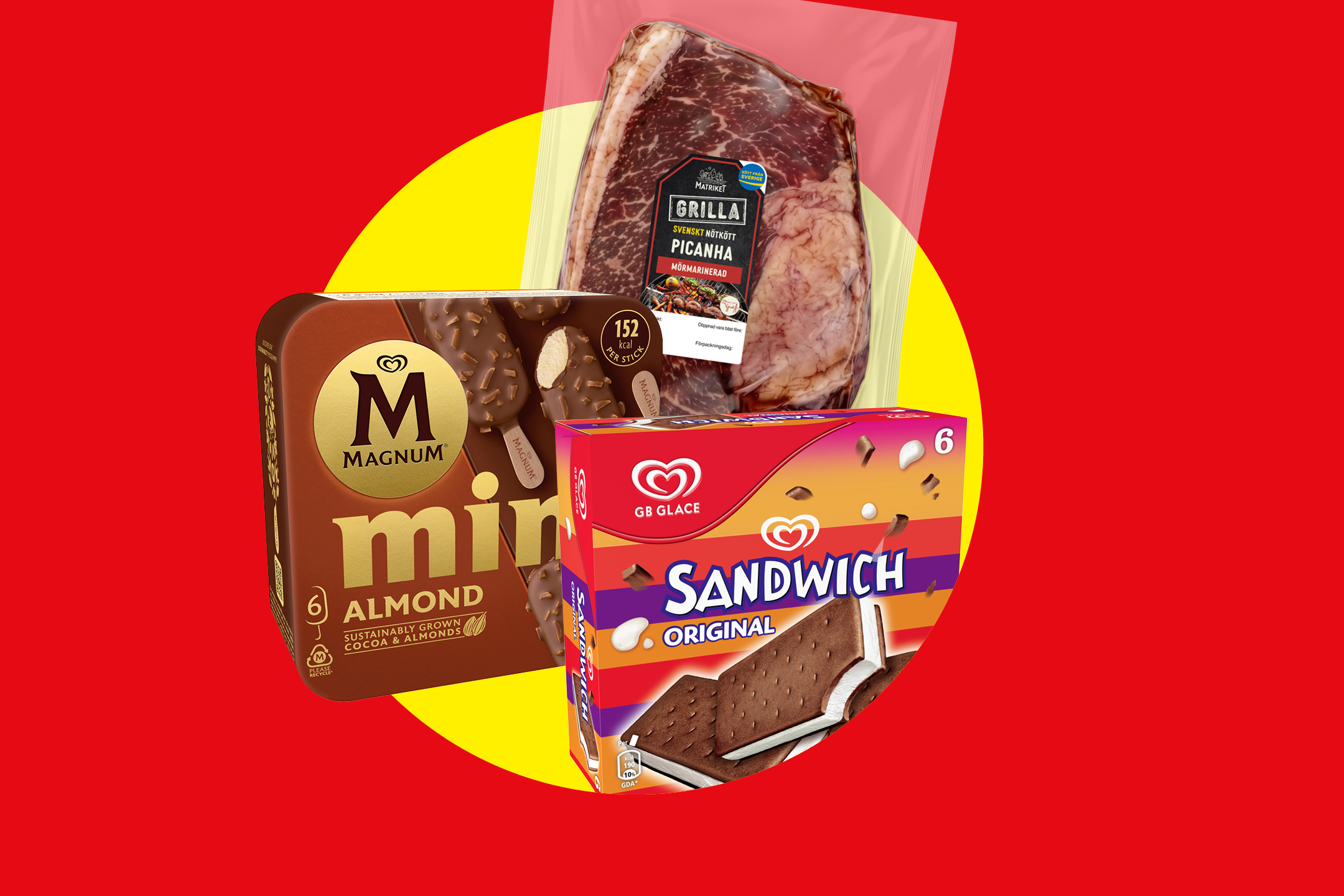 En förpackning picanha, en låda glasspinnar och en låda glassmackor på röd och gul bakgrund.