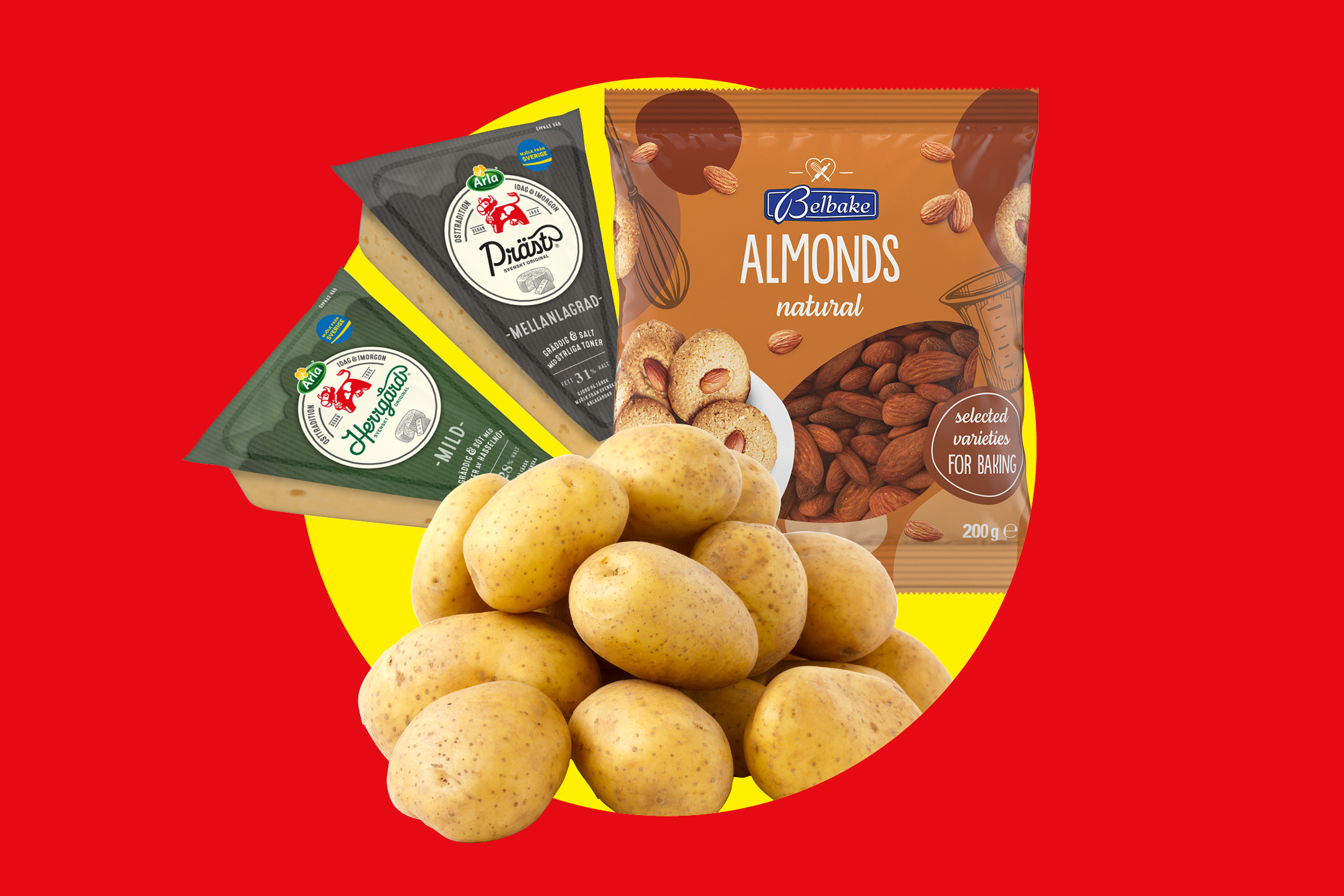 Potatis, mandlar och två paket ost.
