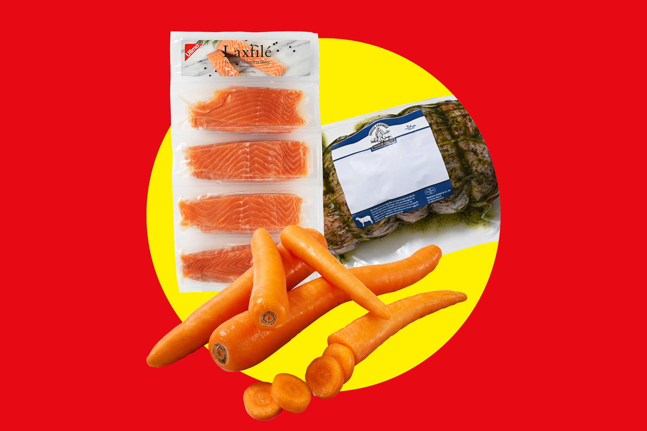 Laxfilé, marinerat kött och morötter på en gul cirkel mot röd bakgrund.