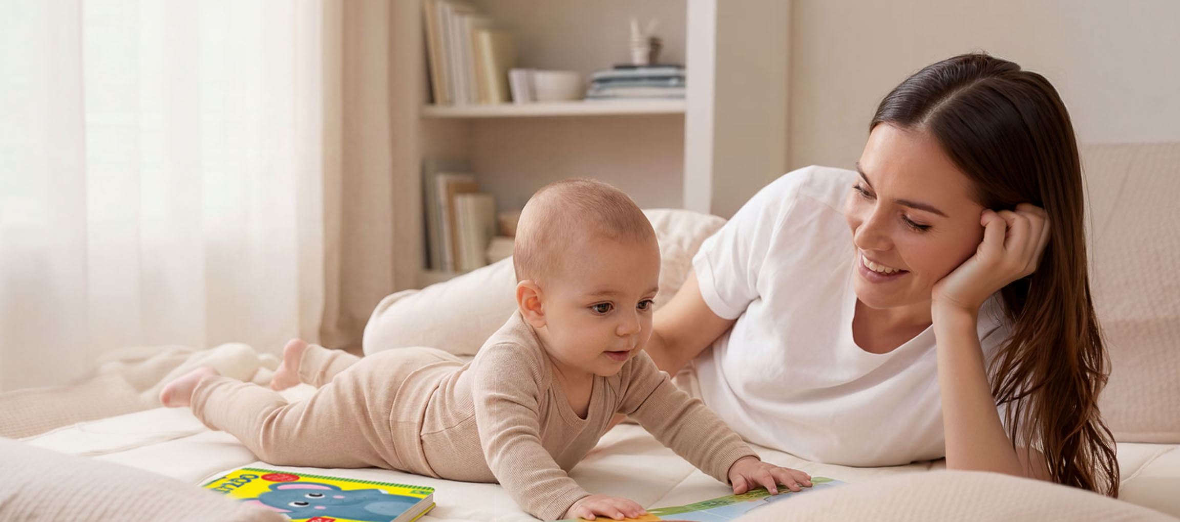 Mamma och bebis ligger på en säng och läser en bok.