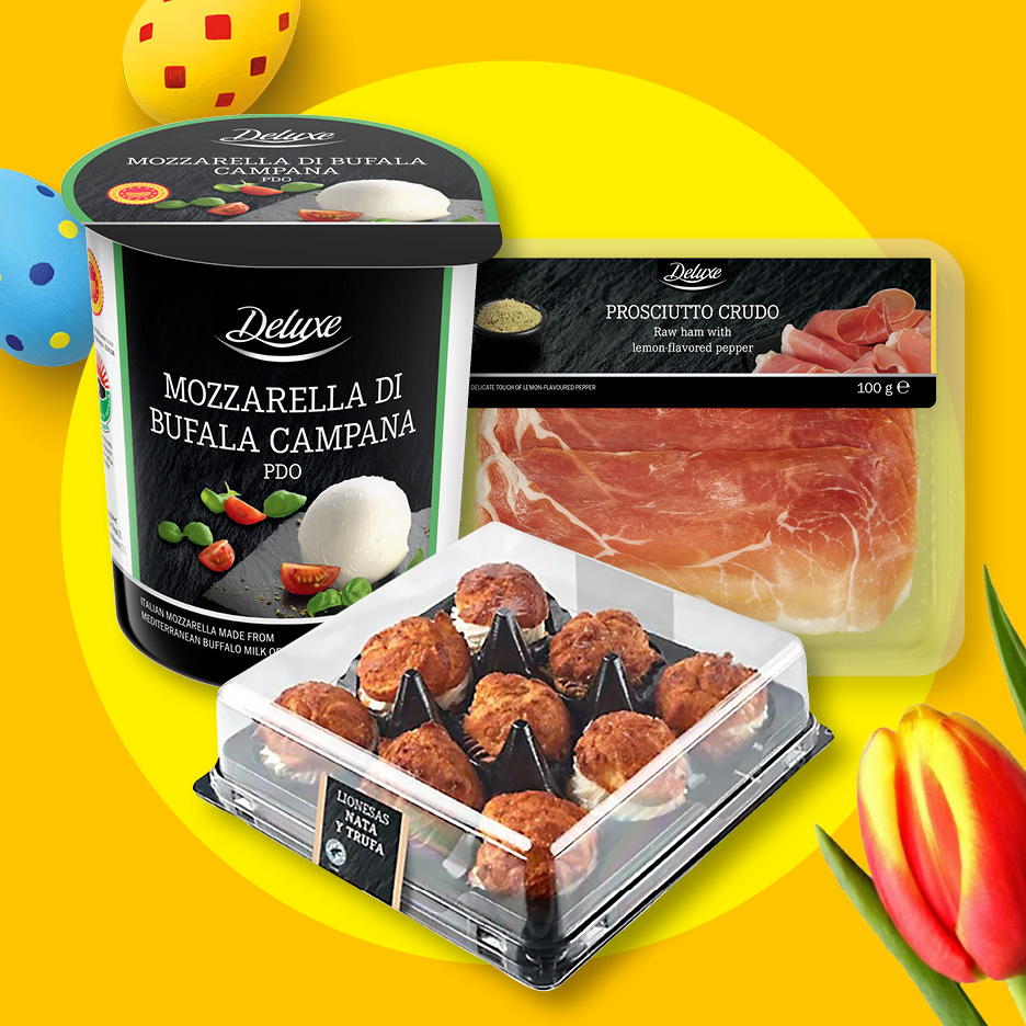 Mozzarella, prosciutto crudo och bakverk med påskägg och tulpaner.