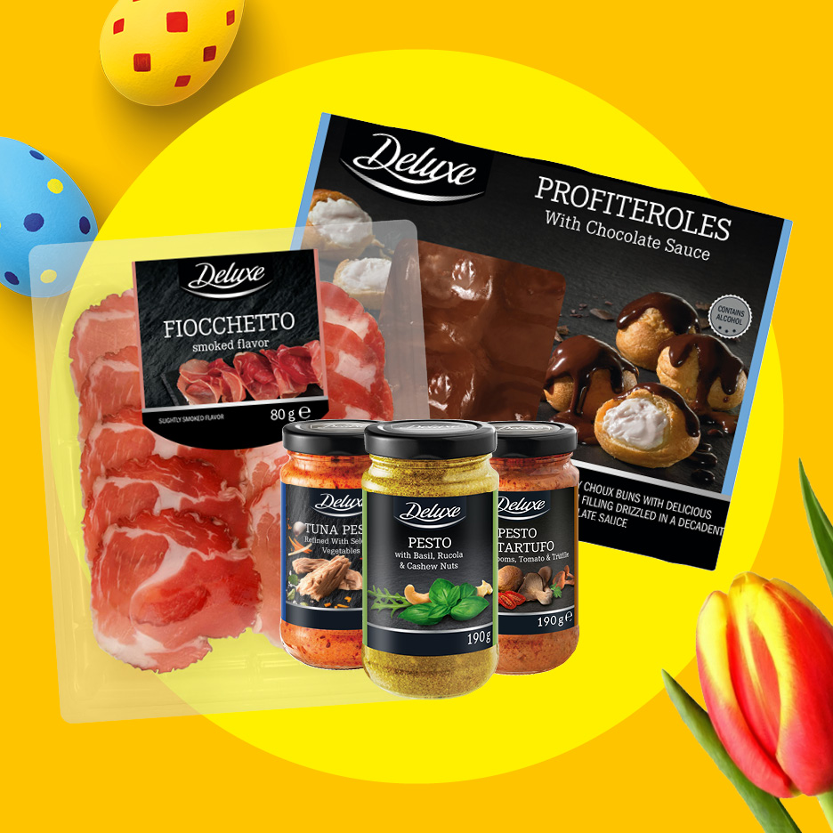 Påskbild med profiteroles, fiocchetto och tre burkar pesto.