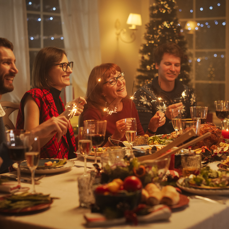 Familj som firar julmiddag med gnistrande tomtebloss och en festlig måltid.