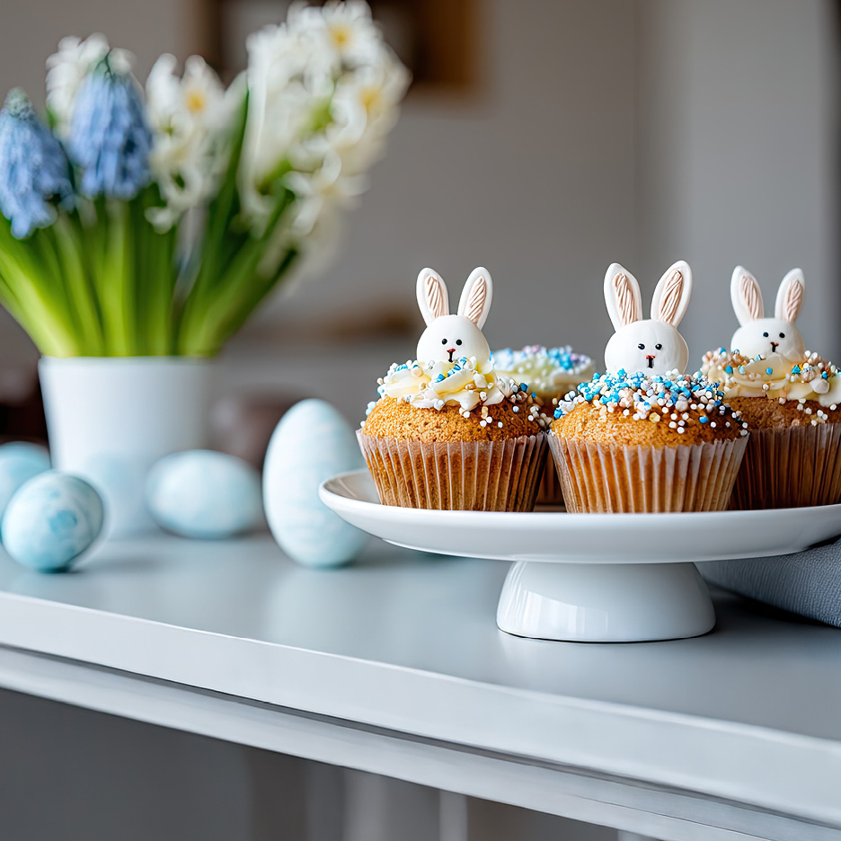 Påskmuffins med kaninöron, strössel och påskägg på ett bord.