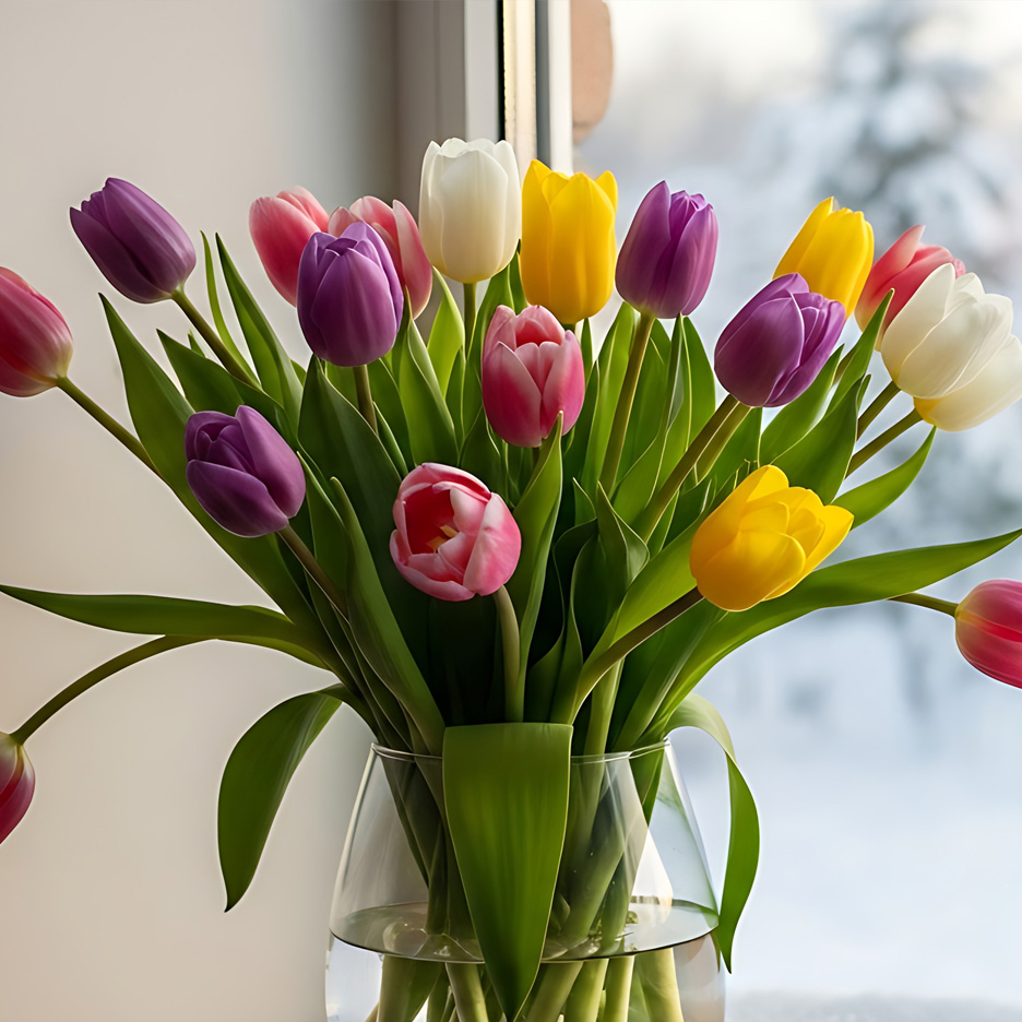 Färgglad bukett tulpaner i en vas vid ett fönster.