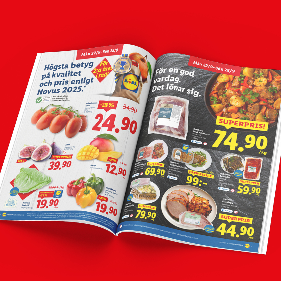Lidl-reklam med erbjudanden på färskvaror som tomater, mango, paprika och köttprodukter.
