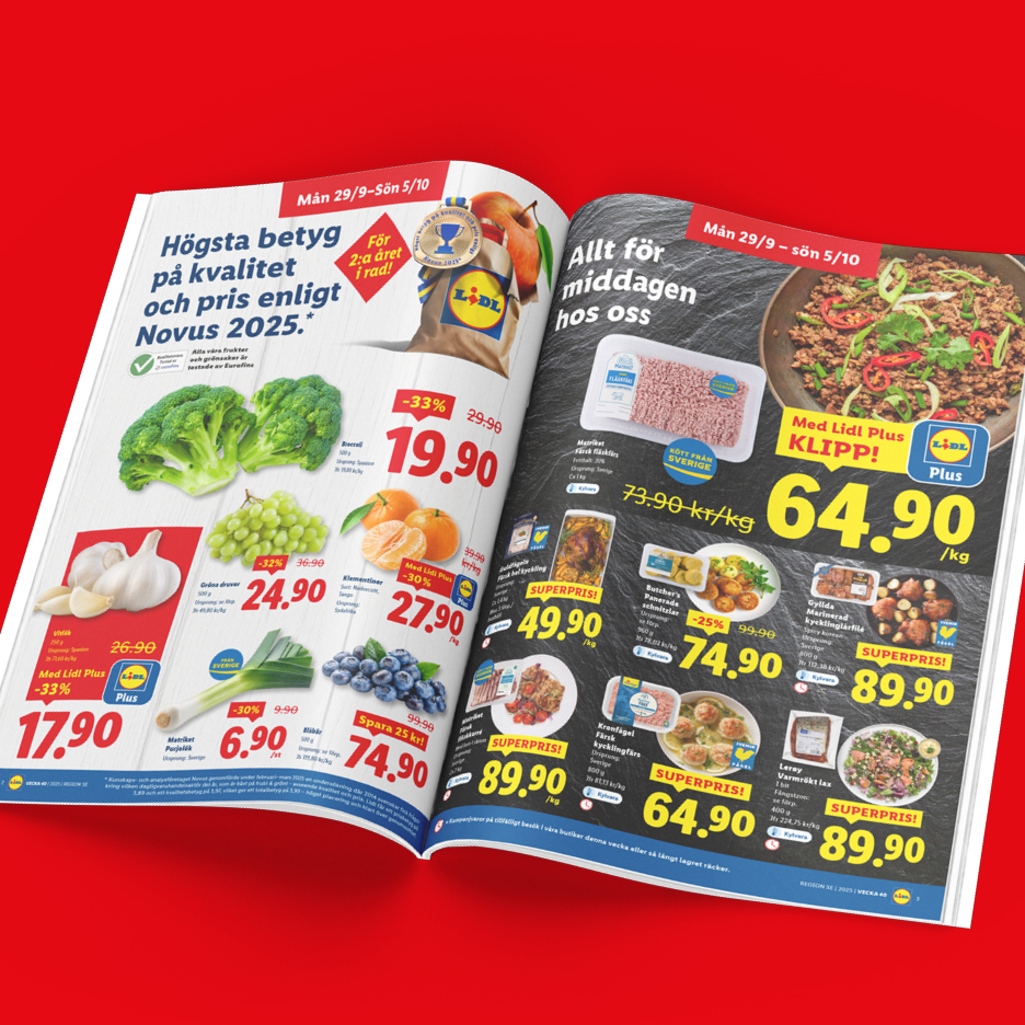 Lidl-reklamblad med erbjudanden på färskvaror som broccoli, vindruvor, klementiner, köttfärs och lax.