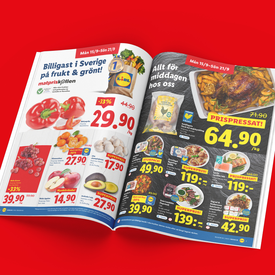 Lidl-reklam med frukt, grönsaker och kyckling, inklusive paprika, vindruvor och lax.
