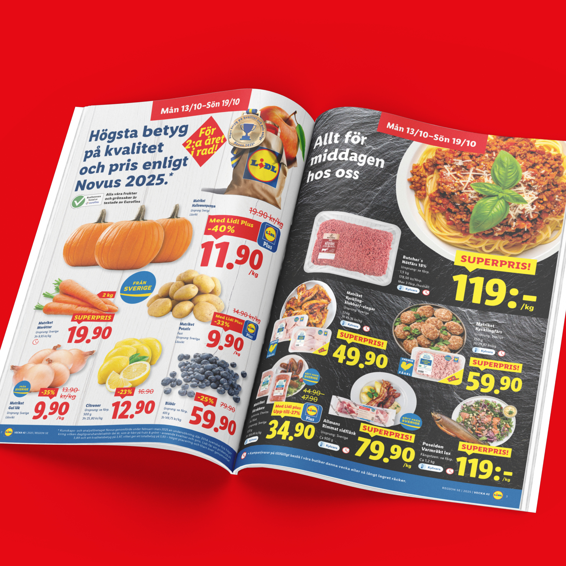 Lidl-reklam med pumpor, morötter, köttfärs, kyckling och lax.