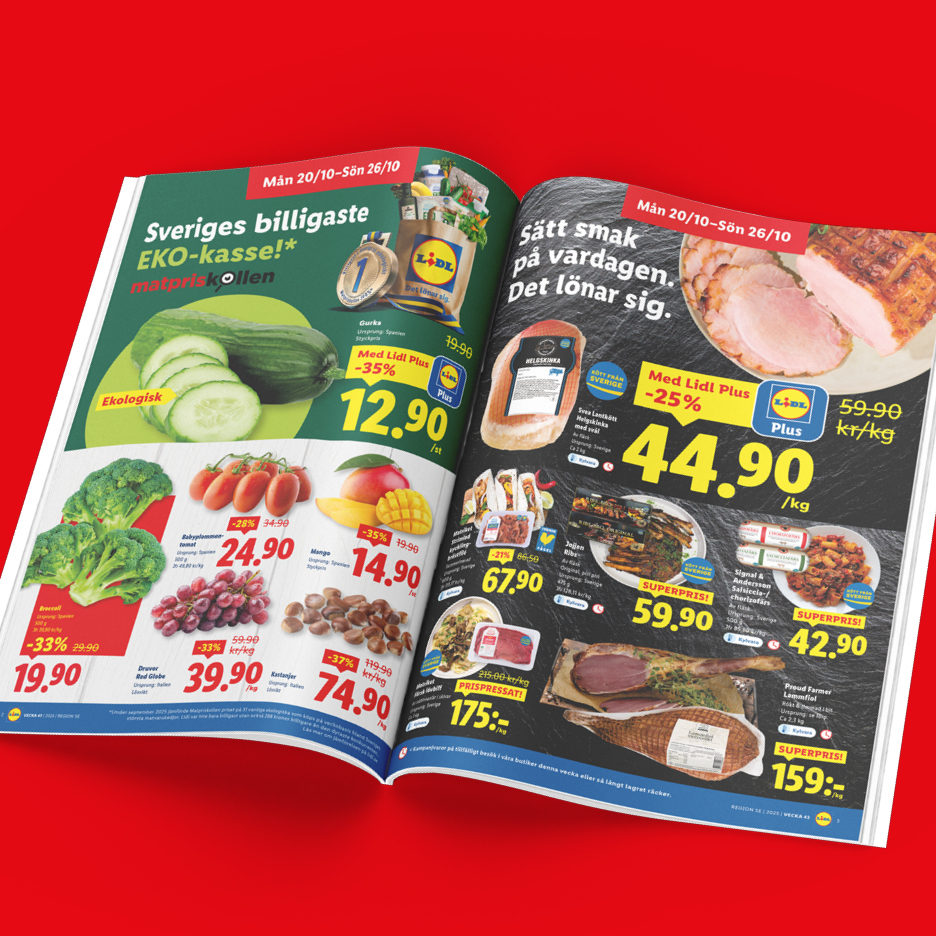 Lidl reklamblad med ekologisk gurka, helgskinka, broccoli, tomater, mango, vindruvor och köttprodukter.