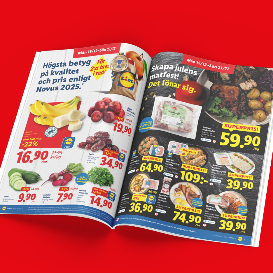 Lidl reklamblad med julmatserbjudanden, inklusive revbensspjäll, fläsklägg och frukt.
