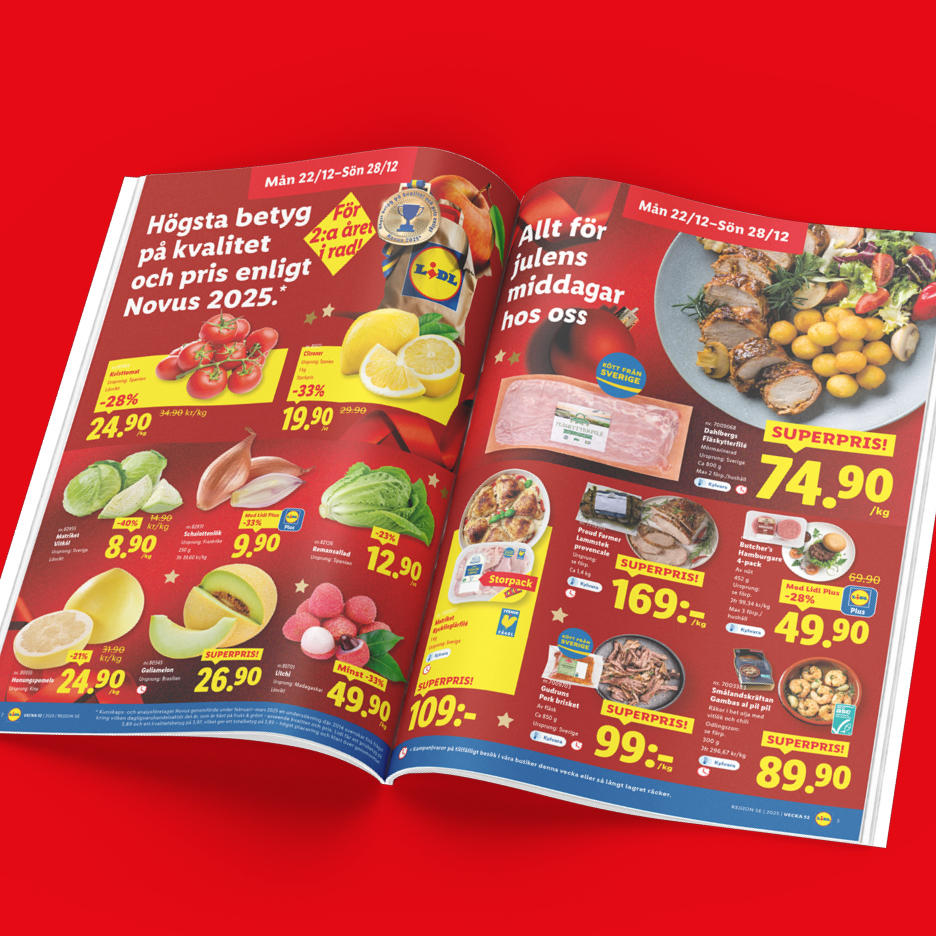 Lidl-reklamblad med frukt, grönsaker och köttprodukter, inklusive fläskytterfilé och hamburgare.