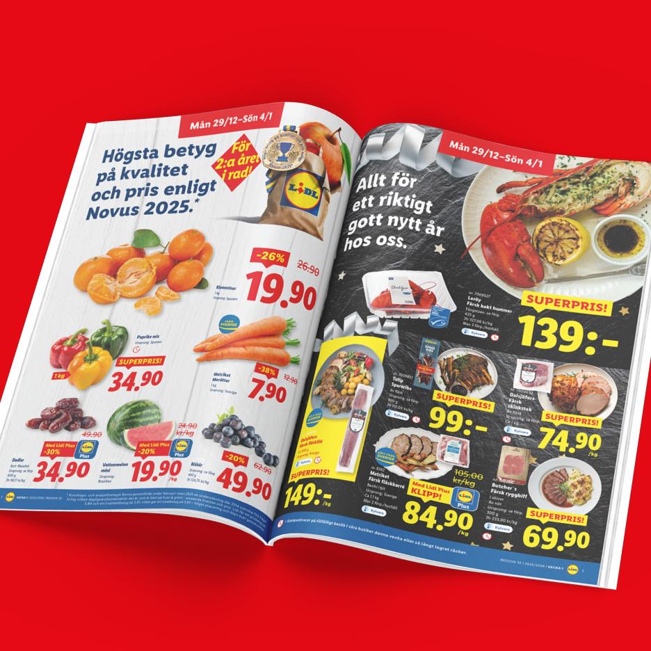 Lidl reklamblad med erbjudanden på hummer, klementiner, paprika, fläskkarré och ryggbiff.