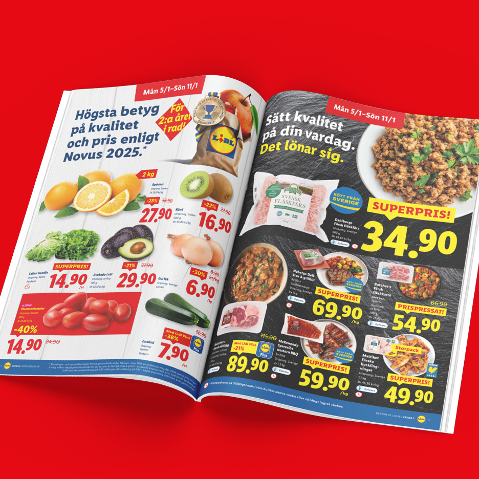 Lidl reklamblad med erbjudanden på frukt, grönsaker, kött och färdigrätter, med fokus på kvalitet och pris.