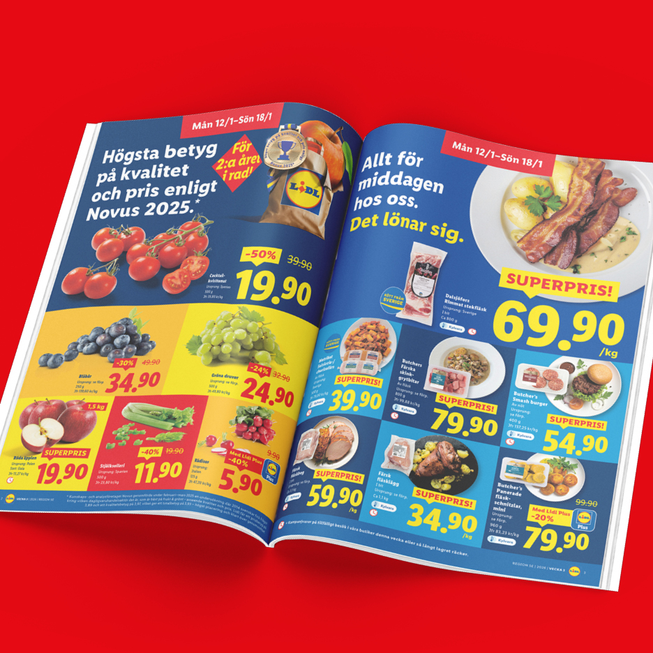 Lidl-reklamblad med erbjudanden på frukt, grönsaker och köttprodukter, inklusive bacon och hamburgare.