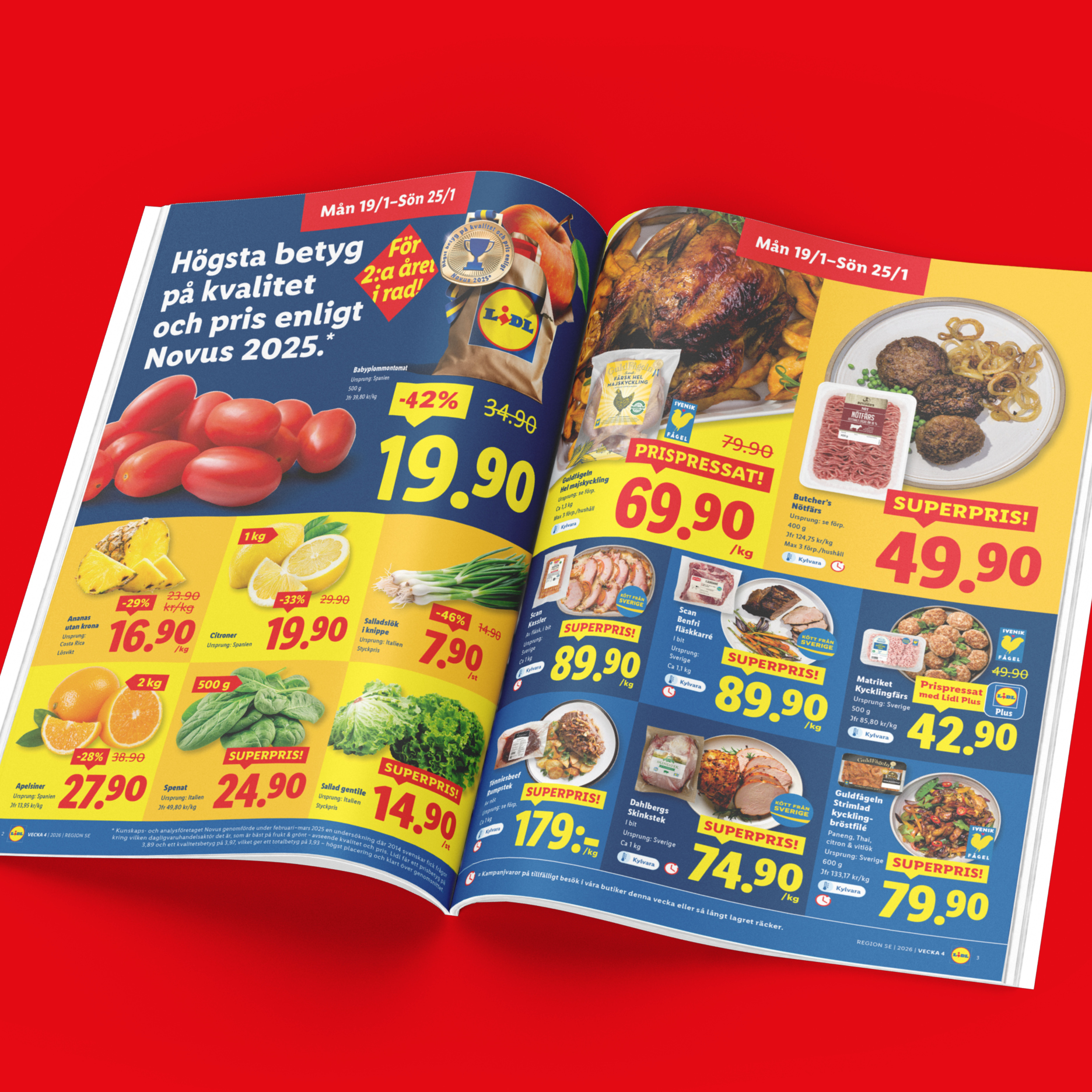 Lidl reklamblad med erbjudanden på tomater, kyckling, nötfärs, ananas, citroner och apelsiner.