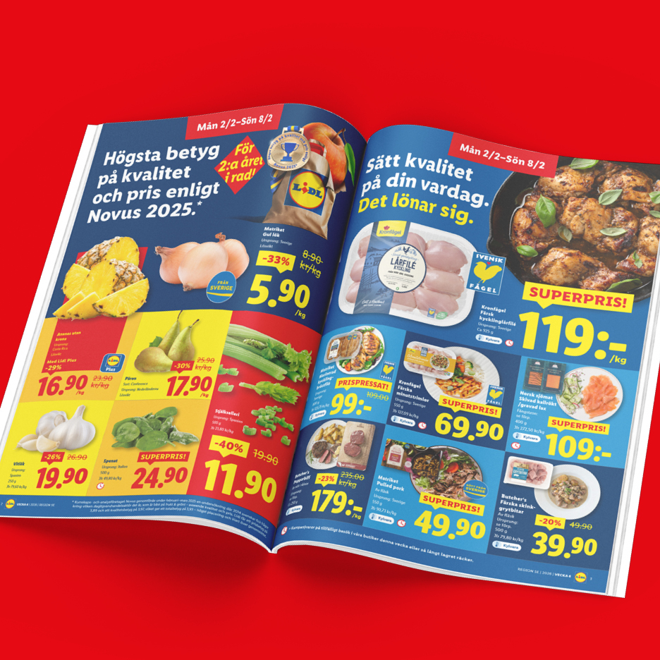 Lidl reklamblad med erbjudanden på frukt, grönsaker, kyckling, kött och lax.