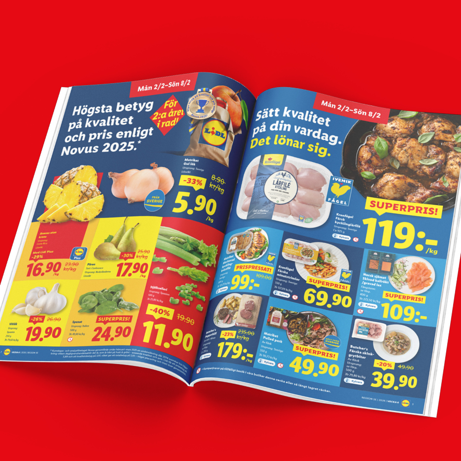 Ett reklamblad med erbjudanden på frukt, grönsaker, kött och fisk, med fokus på kvalitet och pris.