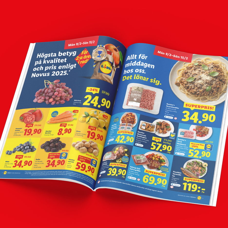 Lidl-reklamblad med erbjudanden på vindruvor, tomater, morötter, citroner, blandfärs, marinerade kycklingben och lax.