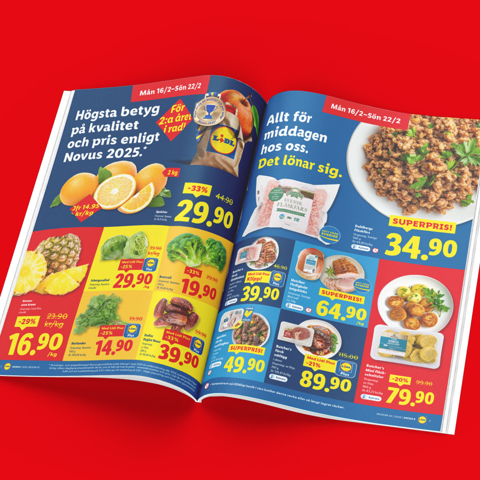 Lidl-reklamblad med apelsiner, fläskfärs och andra matvaror med priser och erbjudanden.