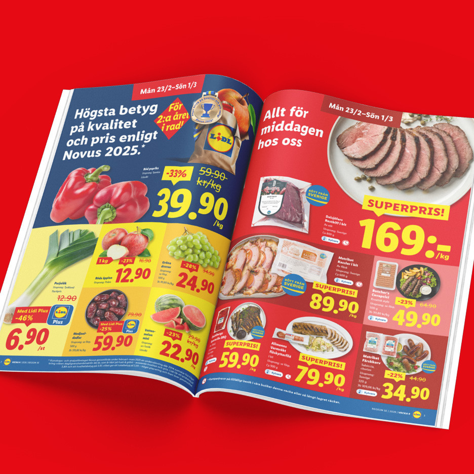 Reklamblad med erbjudanden på kött, grönsaker och frukt, med fokus på kvalitet och pris.