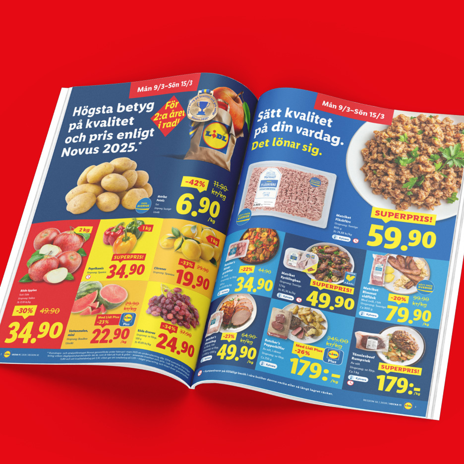 Annonsblad med potatis, köttfärs, äpplen, paprika, citroner, kycklingben, vindruvor, vattenmelon, rimmad sidfläsk, pepparbiffar och rumpstek.