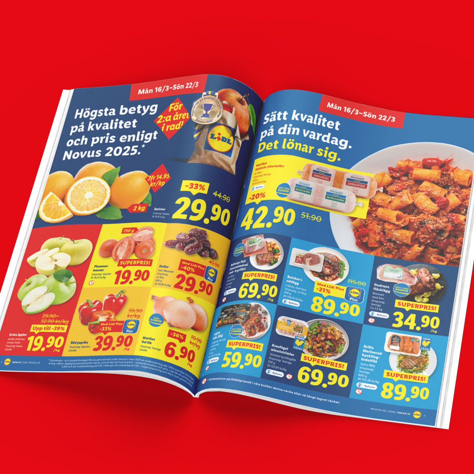 Lidl-reklamblad med erbjudanden på apelsiner, äpplen, tomater, dadlar, paprika, lök, korv, kött och färdigrätter.