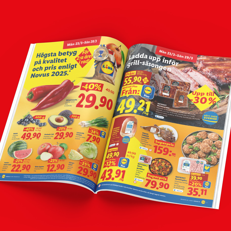 Ett reklamblad med erbjudanden på färskvaror som paprika, avokado, frukt och grönsaker, samt köttprodukter för grillsäsongen.