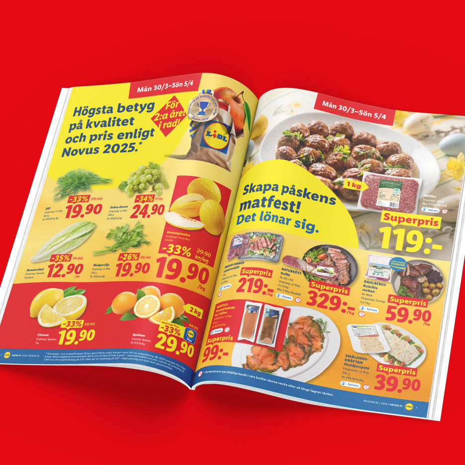 Ett uppslag med påskmat som köttbullar, kött, fisk och grönsaker till specialpriser.