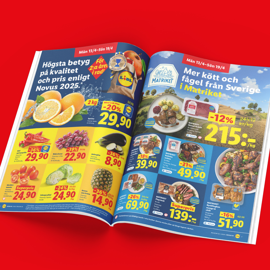 Ett uppslag med erbjudanden på frukt, grönsaker, kött och fågel, med fokus på svenska produkter.