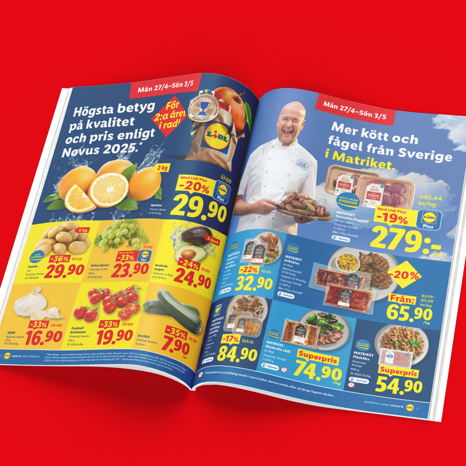 Ett reklamblad med erbjudanden på frukt, grönsaker och köttprodukter, med fokus på kvalitet och pris.
