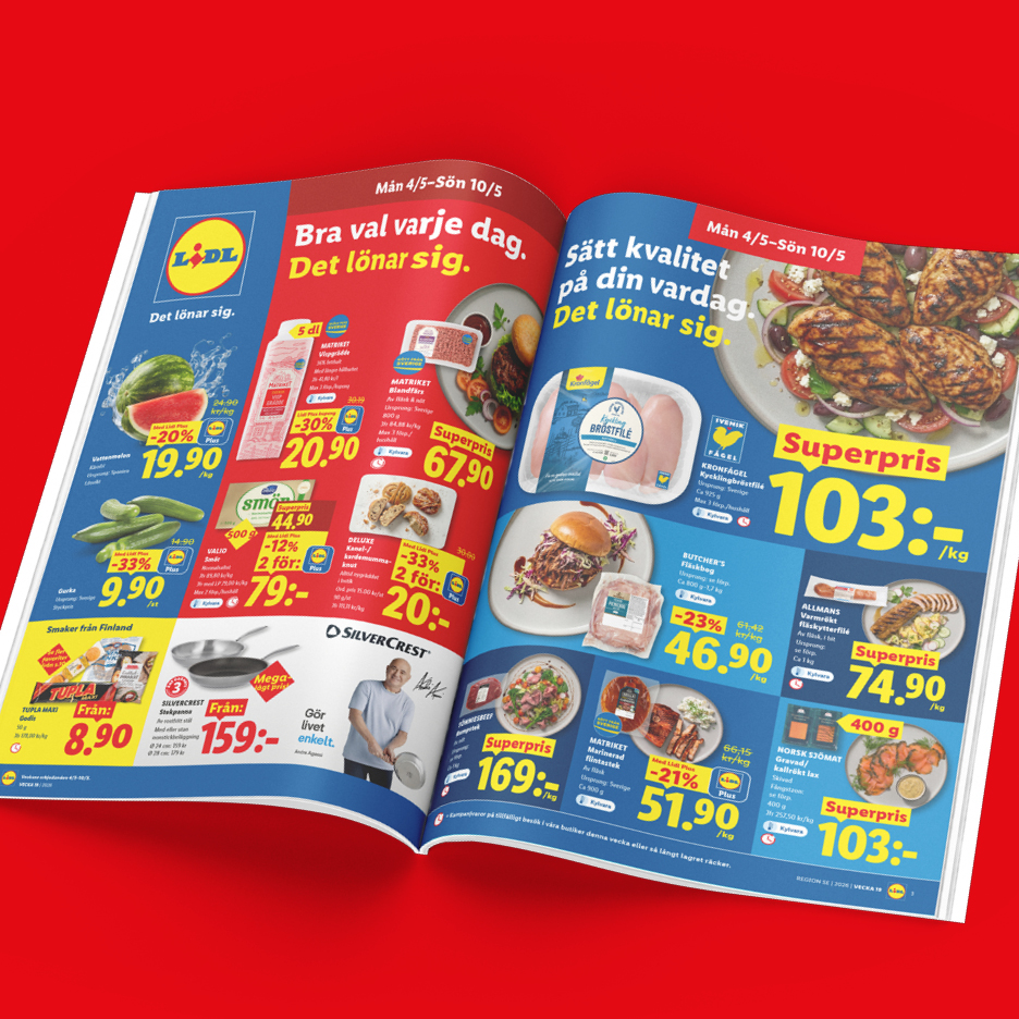 Lidl-reklam med erbjudanden på kött, mejeriprodukter, frukt och grönsaker, samt köksutrustning.