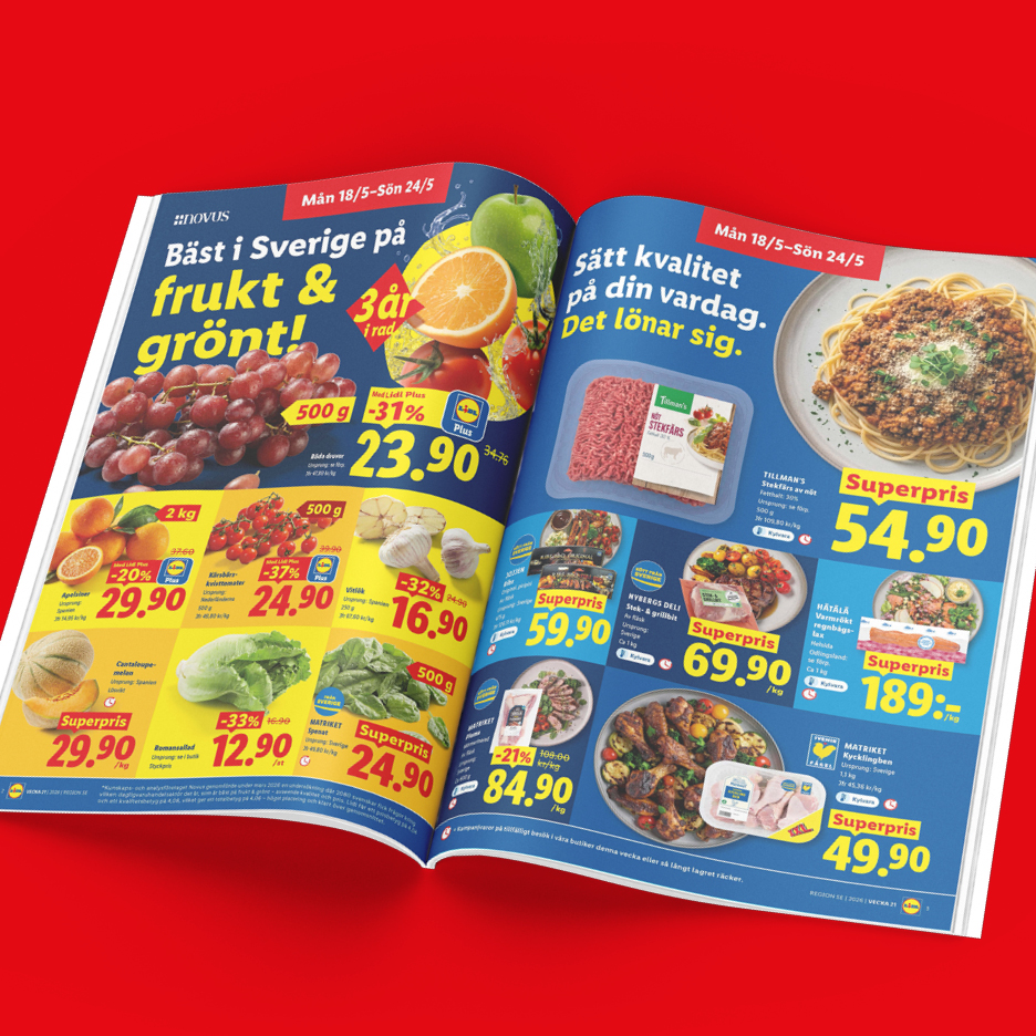 Lidl reklamblad med erbjudanden på frukt, grönt, köttfärs, färdigrätter och kycklingben.