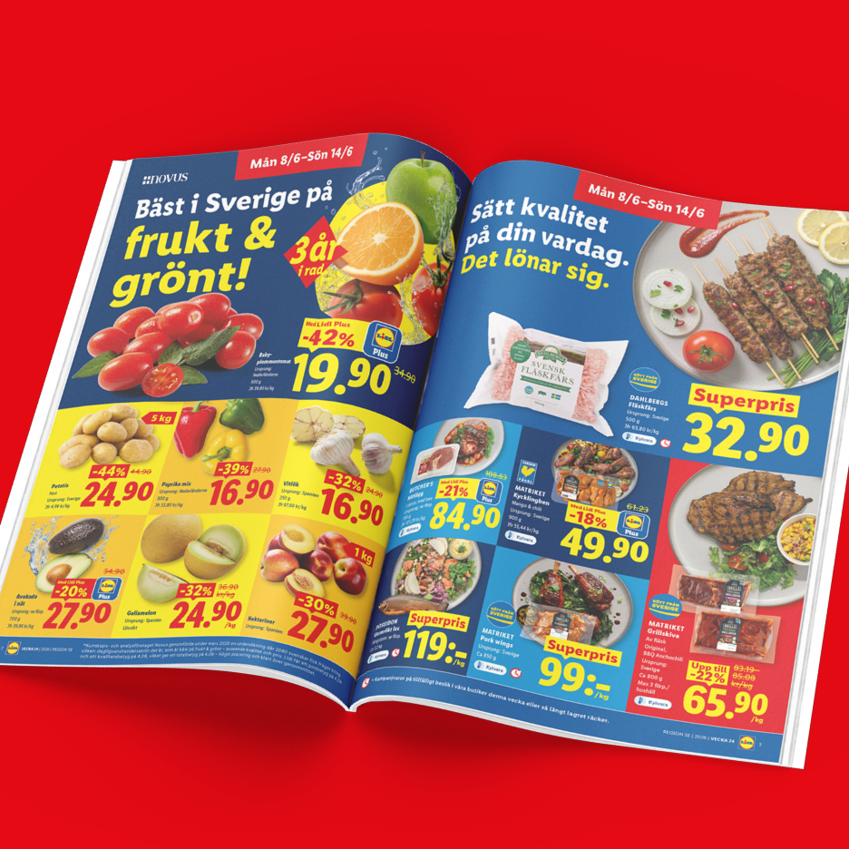 Ett reklamblad med erbjudanden på frukt, grönsaker och köttprodukter.